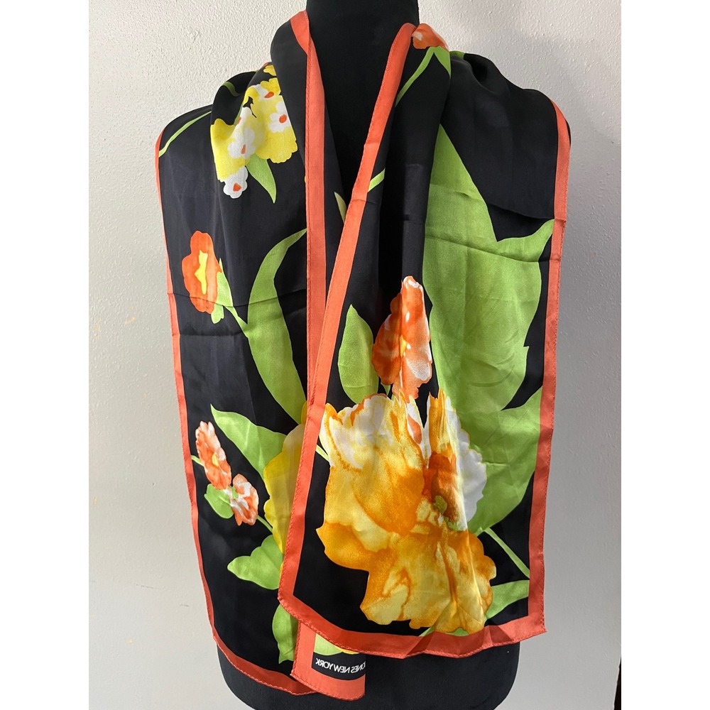Jones New York‎ Scarf Floral Print Black Orange Yellow Rectangular Wrap